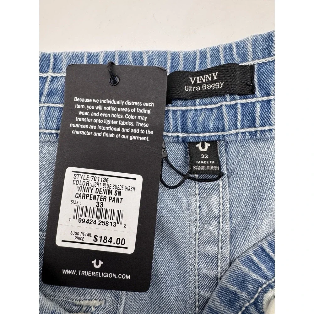 True Religion Mens 33 Vinny Ultra Baggy Y2K Skater Pants Light Blue Drawstring